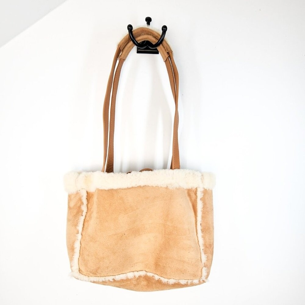 Aston New York‎ Genuine Shearling Sheepskin Fur Trim Tote Bag Camel Tan